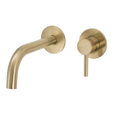 SCARAB WALL MOUNT BASIN MIXER KNURLED HANDLE BRUSHED GOLD